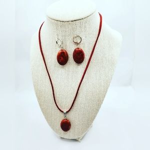 Coral oval Earrings and pendant cord set